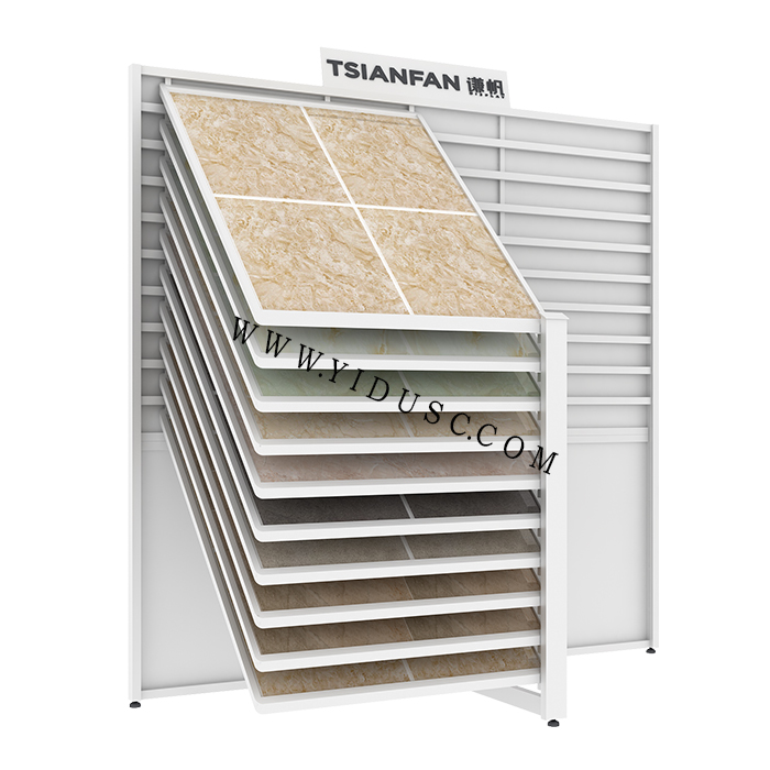 定制瓷砖推拉展架_斜放的岩板瓷砖样品展示架